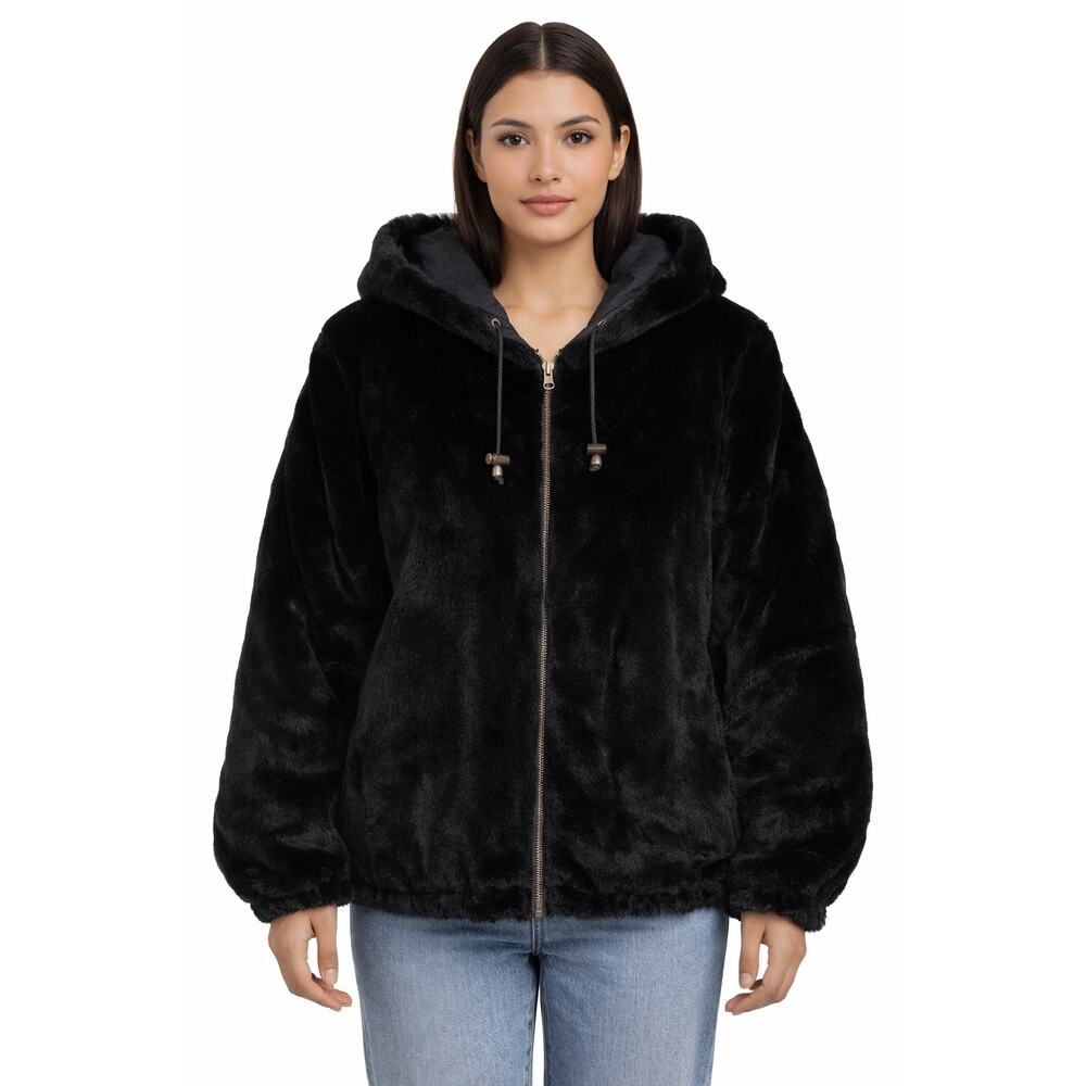 1990s Komitor Reversible Silk Faux Fur Hooded Coat Medium